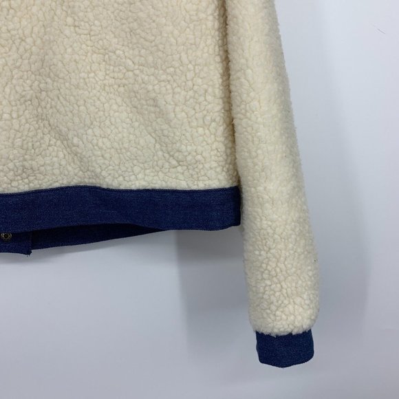 Shein Jacket Faux Shearling Button Front Beige Blue Contrast - Picture 11 of 11